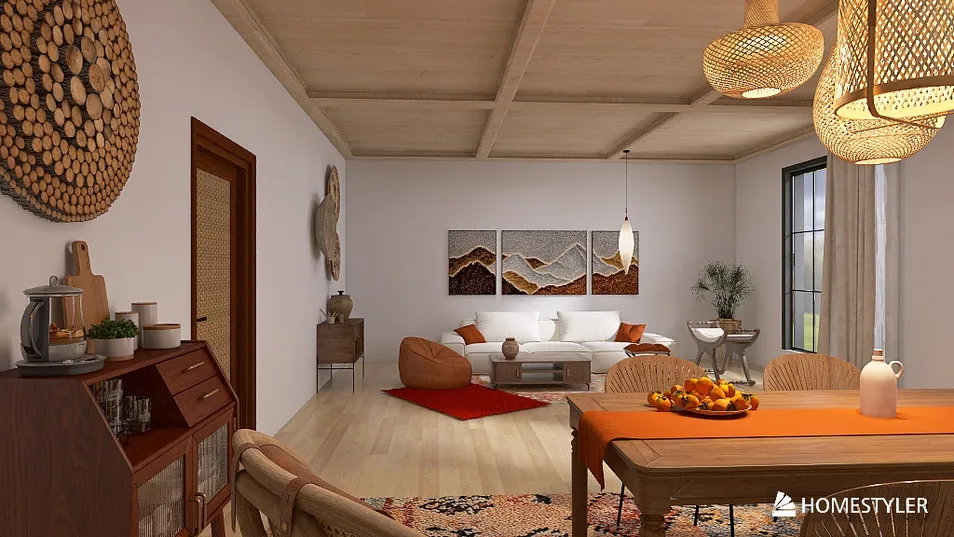 cozy living room design featuring a modern sofa and warm wooden elements, incorporating Homestyler's real-time 3D rendering for a realistic preview of the interior decor
