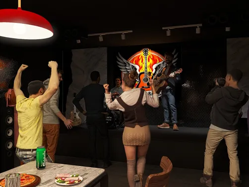 people enjoying a live music performance in a modern lounge with a vibrant atmosphere, featuring a stage and energetic decor, utilizing Homestyler's real-time 3D rendering for design visualization.