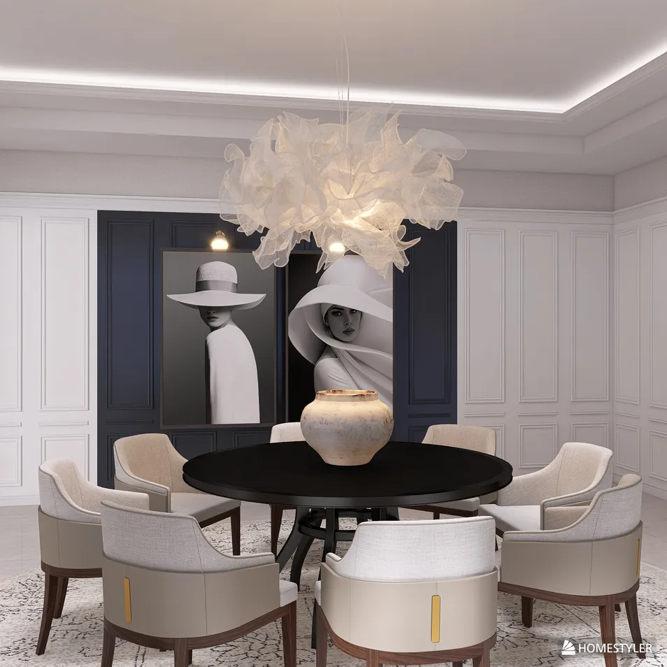 modern dining area featuring a circular black table and stylish white chairs with a statement chandelier; incorporating Homestyler's real-time 3D rendering for an enhanced visual preview.