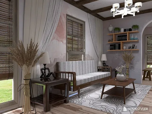 Cozy living room with a minimalist design featuring a wooden sofa, coffee table, and decorative plants, showcasing Homestyler's real-time 3D rendering capabilities.