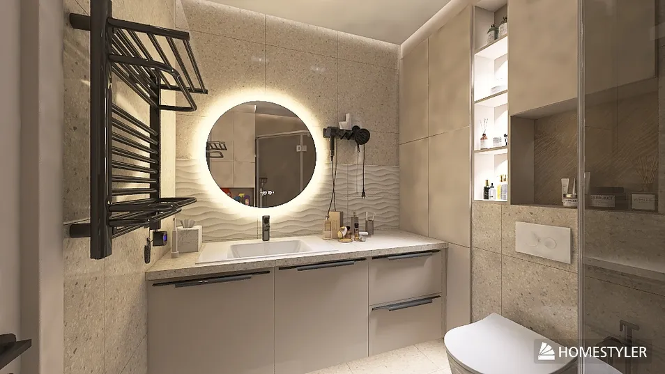modern bathroom design featuring sleek fixtures and neutral tones using Homestyler's real-time 3D rendering for an effective design preview.