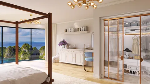 Spacious bedroom showcasing a four-poster bed with elegant lighting, designed for a modern coastal retreat, highlighting room decor optimization with Homestyler's real-time 3D rendering feature.