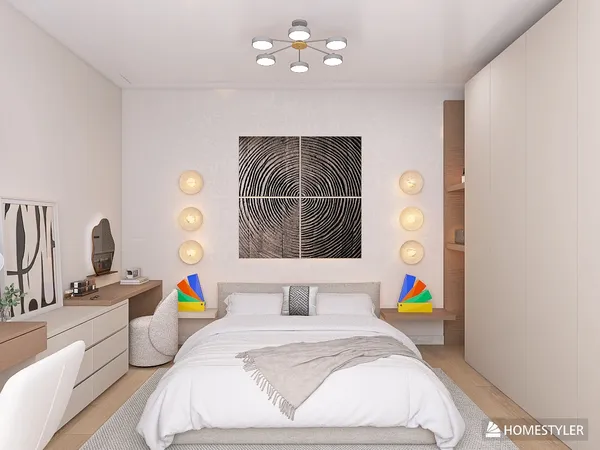 modern bedroom design featuring a cozy bed, stylish furniture arrangement, and minimalist decor elements, utilizing Homestyler's real-time 3D rendering for an effective renovation preview.