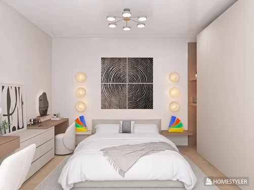 modern bedroom design featuring a cozy bed, stylish furniture arrangement, and minimalist decor elements, utilizing Homestyler's real-time 3D rendering for an effective renovation preview.