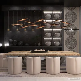 modern dining room with minimalist table design featuring a rustic wood top and ample seating, illuminated by stylish pendant lights, showcasing smart furniture arrangement for optimal space usage in interior decor using Homestyler's real-time 3D rendering feature.