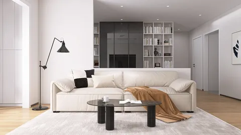 Modern living room featuring a cozy sofa with a throw blanket, showcasing a minimalistic design style that emphasizes spaciousness and warmth. This interior design integrates Homestyler's real-time 3D rendering feature for an immersive visual preview.