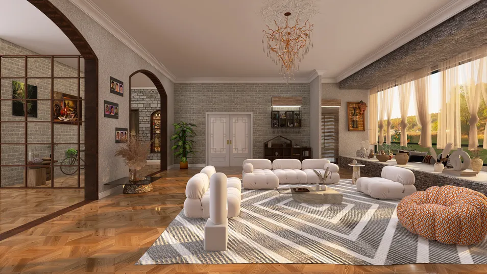 cozy living room featuring a stylish sofa arrangement with decorative elements in a modern rustic style, showcasing interior design using Homestyler's real-time 3D rendering feature.
