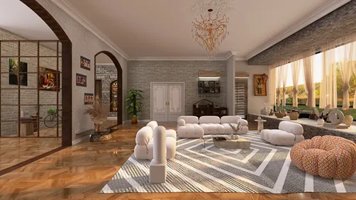 cozy living room featuring a stylish sofa arrangement with decorative elements in a modern rustic style, showcasing interior design using Homestyler's real-time 3D rendering feature.
