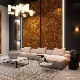 Modern living room with a sectional sofa and artistic wooden wall design, incorporating sleek lighting and a minimalist coffee table, featuring Homestyler's real-time 3D rendering for effective interior design visualization.