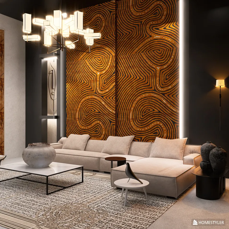 Modern living room with a sectional sofa and artistic wooden wall design, incorporating sleek lighting and a minimalist coffee table, featuring Homestyler's real-time 3D rendering for effective interior design visualization.