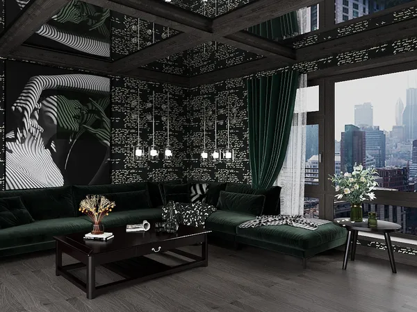 modern living room featuring a dark green sectional sofa, showcasing a contemporary design style with black and white artistic wallpaper, utilizing Homestyler's real-time 3D rendering for effective interior decor visualization.