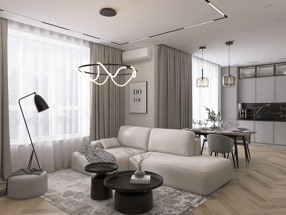 Modern living room with sleek furniture arrangement and elegant decor, showcasing a minimalist interior design style; highlights the smart furniture layout feature of Homestyler.