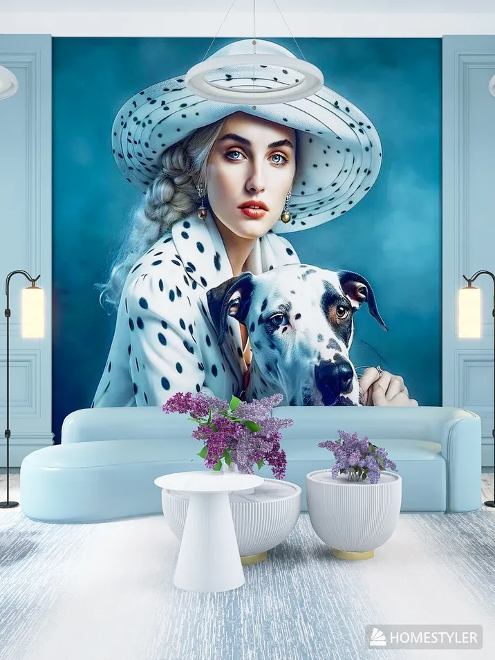 A stylish interior featuring a blue sofa with floral arrangements in white planters, complemented by a large mural of a woman in a hat with a dog, showcasing a modern design aesthetic for an interior decor project using Homestyler's real-time 3D rendering.