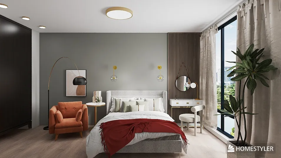 bedroom interior design showcasing a cozy bed arrangement with modern style featuring a green accent wall and large windows, highlighting the space's natural light; utilizing Homestyler’s real-time 3D rendering feature.