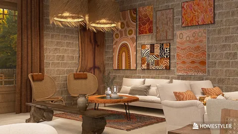 Living room featuring a cozy seating arrangement with woven chairs and a rustic coffee table, complemented by vibrant wall art; designed for a bohemian aesthetic using Homestyler's real-time 3D rendering feature.