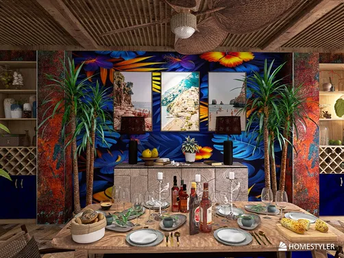 vibrant dining area featuring a tropical theme with colorful wall art and plants, showcasing a unique interior decor style, utilizing Homestyler's live 3D rendering for design proposal demonstration.