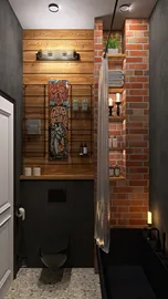 Bathroom features a modern design with a black toilet and wooden accents, showcasing a cozy aesthetic with a brick wall and shelves. Incorporates AR virtual furniture placement for enhanced interior decor.