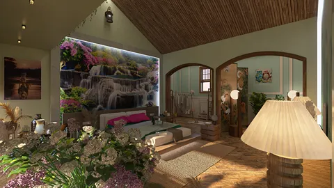 cozy living room featuring a waterfall mural with floral accents enhancing the natural ambiance in a rustic style, showcasing interior decor optimization with Homestyler's real-time 3D rendering feature.