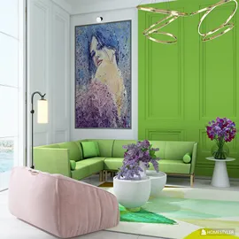 modern green living room featuring a sectional sofa and artistic wall decor, showcasing vibrant colors and a contemporary style, highlighting Homestyler's real-time 3D rendering feature for design previews.