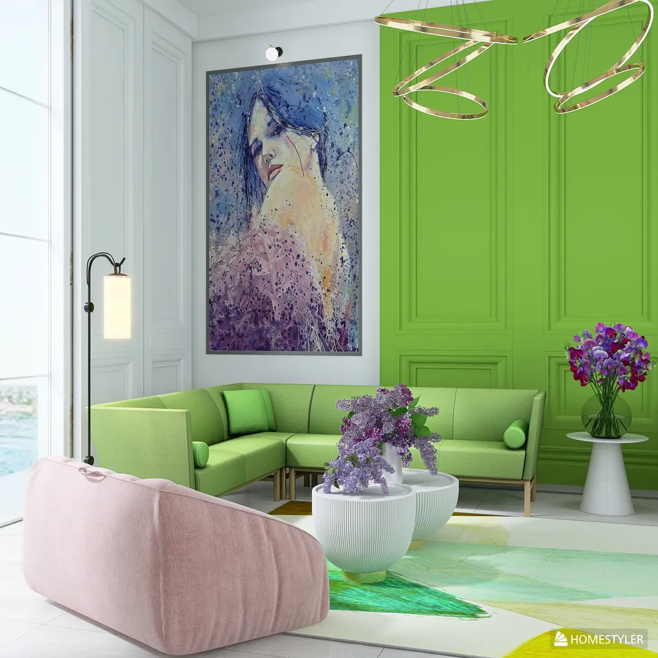 modern green living room featuring a sectional sofa and artistic wall decor, showcasing vibrant colors and a contemporary style, highlighting Homestyler's real-time 3D rendering feature for design previews.