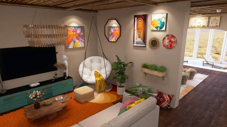 modern living room design featuring a cozy seating area with hanging chair, vibrant wall art, and plants in a bright, colorful style, utilizing Homestyler's real-time 3D rendering for effective design visualization.