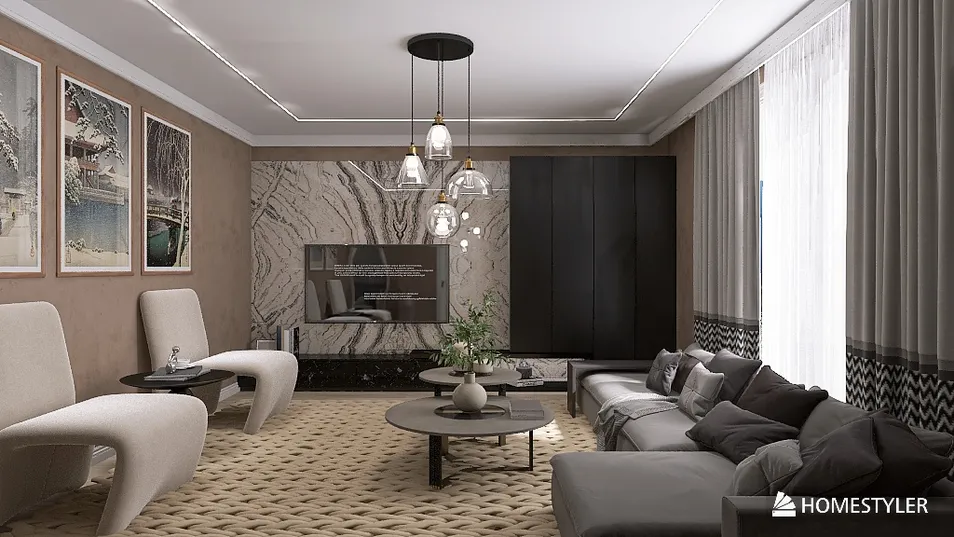 Modern living room featuring elegant furniture arrangement with a chic design style, highlighting the value of open space; showcasing Homestyler's real-time 3D rendering functionality.