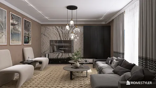 Modern living room featuring elegant furniture arrangement with a chic design style, highlighting the value of open space; showcasing Homestyler's real-time 3D rendering functionality.