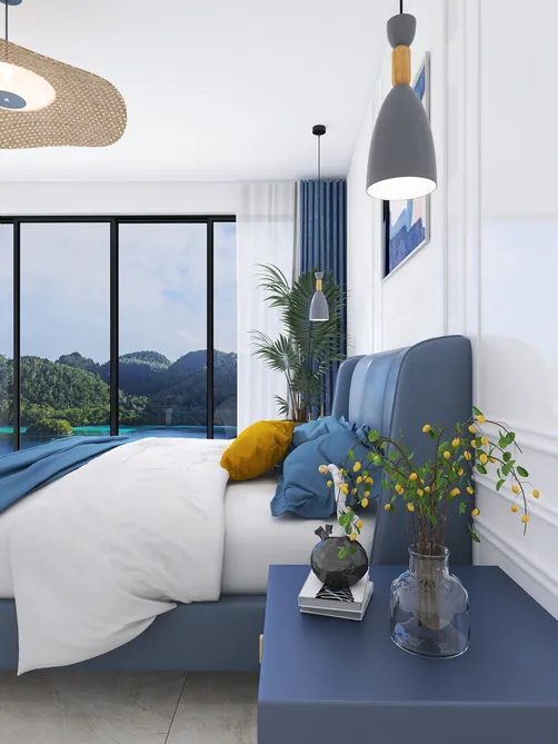 modern bedroom design featuring a blue bed with decorative pillows and a yellow accent, showcasing a scenic view through large windows, utilizing Homestyler's real-time 3D rendering for effective design visualization.