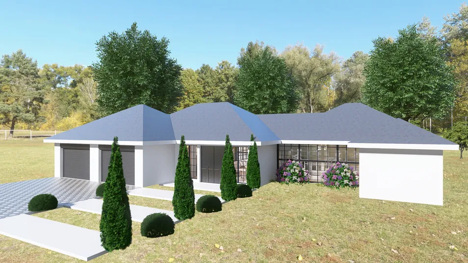 Modern house exterior design surrounded by lush greenery with a landscaped garden, showcasing architectural details and contemporary style, leveraging Homestyler's real-time 3D rendering feature for realistic previews.