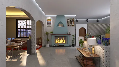 spacious living room featuring a cozy fireplace with modern decor, showcasing a blend of contemporary and rustic styles, utilizing Homestyler's real-time 3D rendering functionality for an efficient design preview.