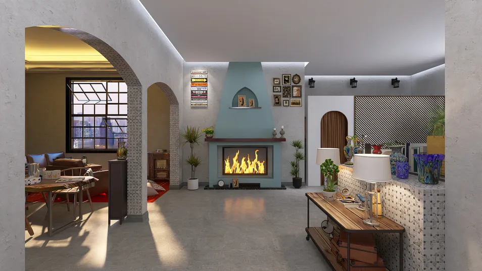 spacious living room featuring a cozy fireplace with modern decor, showcasing a blend of contemporary and rustic styles, utilizing Homestyler's real-time 3D rendering functionality for an efficient design preview.