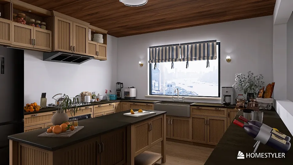 Cozy kitchen design featuring wooden cabinets and a central island, enhancing the warmth and functionality of the space. Ideal for showcasing interior decor ideas using Homestyler's real-time 3D rendering feature.