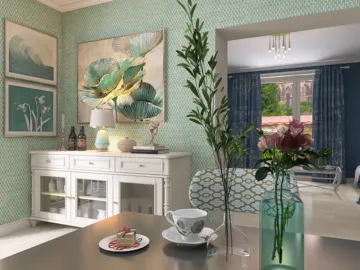 elegant dining area featuring a decorative table with tea set and flowers, showcasing a modern coastal design, highlighting the home design capabilities of Homestyler with real-time 3D rendering.