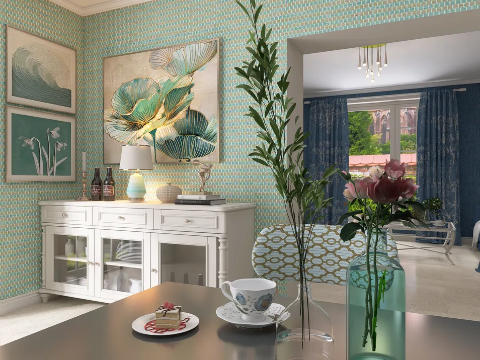elegant dining area featuring a decorative table with tea set and flowers, showcasing a modern coastal design, highlighting the home design capabilities of Homestyler with real-time 3D rendering.