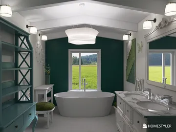 modern bathroom features a freestanding bathtub and elegant vanity design with a serene green accent wall, emphasizing interior decor with Homestyler's real-time 3D rendering capability to visualize space efficiently.