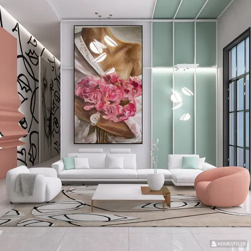 modern living room with floral artwork, featuring smart furniture arrangement, contemporary style, enhanced space utilization using Homestyler's 3D rendering
