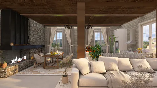 cozy living room featuring a modern sofa and dining area with rustic decor in a contemporary farmhouse style; showcasing interior design with Homestyler's real-time 3D rendering for design proposal visualization.