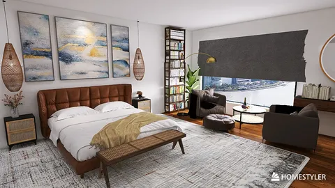 modern bedroom design featuring a cozy bed arrangement with a stylish headboard, incorporating warm tones and a minimalist aesthetic, enhancing the space value for relaxation and comfort; highlights Homestyler's real-time 3D rendering feature.