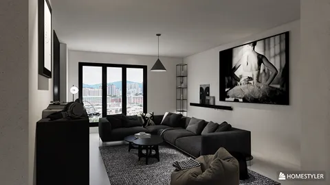 Modern living room featuring a spacious sectional sofa, designed for relaxation and entertainment, showcasing contemporary minimalist style, ideal for interior decor enthusiasts, utilizing Homestyler's real-time 3D rendering feature.