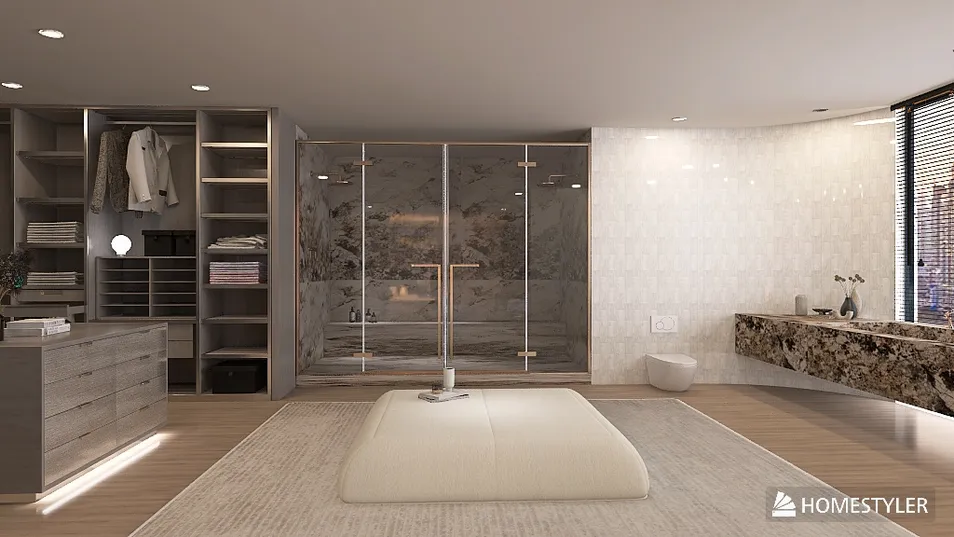 modern bathroom design featuring a spacious layout with a minimalist aesthetic, utilizing Homestyler's real-time 3D rendering for accurate renovation previews