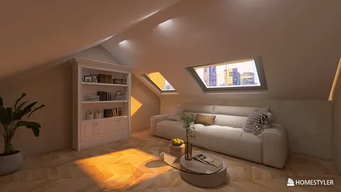modern attic living room with natural light, featuring a cozy sofa and a bookshelf, showcasing Homestyler's real-time 3D rendering for interior design visualization.