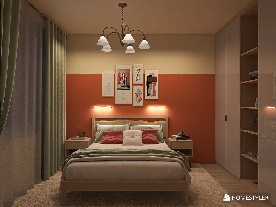 Cozy bedroom design featuring a modern bed setup with decorative pillows and a stylish chandelier, using Homestyler's real-time 3D rendering for instant visualization.