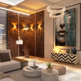 modern living room design featuring textured wall decorations and stylish lighting, showcasing interior decor optimization using Homestyler's real-time 3D rendering feature.