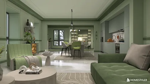 Lush green interior design featuring a spacious living room with a cozy sofa and decorative elements, showcasing a modern style that optimizes small spaces using Homestyler's smart furniture arrangement feature.