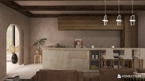 modern kitchen with open layout featuring natural materials and warm lighting, showcasing interior design in a contemporary style, utilizing Homestyler's real-time 3D rendering feature for effective design visualization.