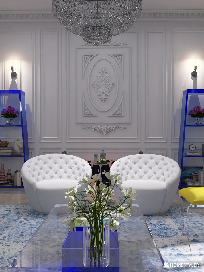 Stylish white tufted chairs arranged in a chic living room, featuring a modern chandelier and blue shelving units, showcasing elegant decor; ideal for contemporary interior design concepts using Homestyler's real-time 3D rendering.