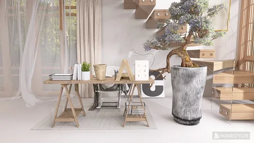 home office desk arrangement featuring a modern wooden desk with decorative items and a large plant in a stylish pot, showcasing a contemporary interior design style, utilizing Homestyler's real-time 3D rendering feature for an accurate visualization of the space.