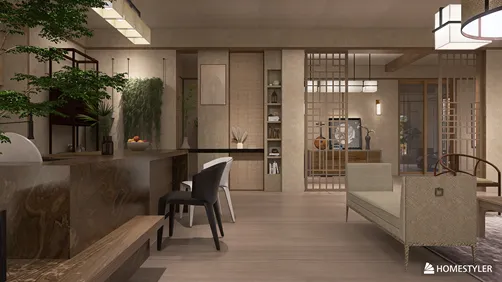 Modern living room interior design featuring a spacious layout with smart furniture arrangement and a minimalist style, showcasing the real-time 3D rendering capability of Homestyler.