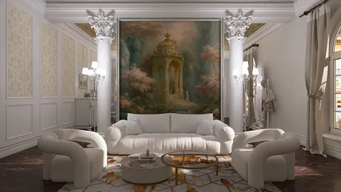 luxurious living room featuring a white sofa and elegant armchairs with a classical mural backdrop, showcasing a blend of traditional and modern interior design, utilizing Homestyler's real-time 3D rendering feature for an immersive design proposal.
