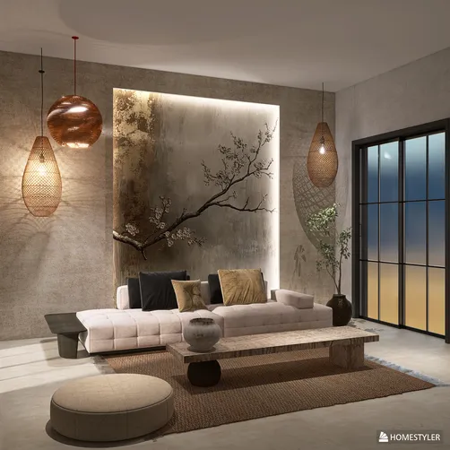 minimalist living room design featuring a white sofa and natural wood elements with ambient lighting, showcasing a serene indoor atmosphere created with Homestyler's AR virtual furniture placement.